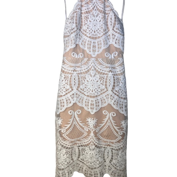 Lulus Medium White Lace Nude Lined Halter Dress Open Back With Zipper - Picture 6 of 8